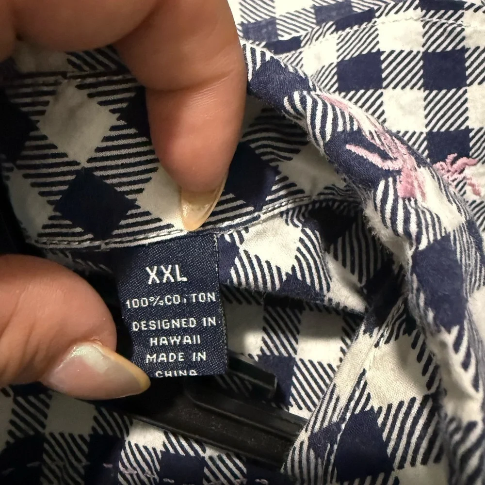 Reyn Spooner Pink Palm Trees Navy Shepherd Check Button Down XXL -Cotton-